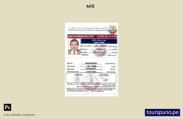 Plantilla de tarjeta de registro de ingeniería de Qatar lista para imprimir